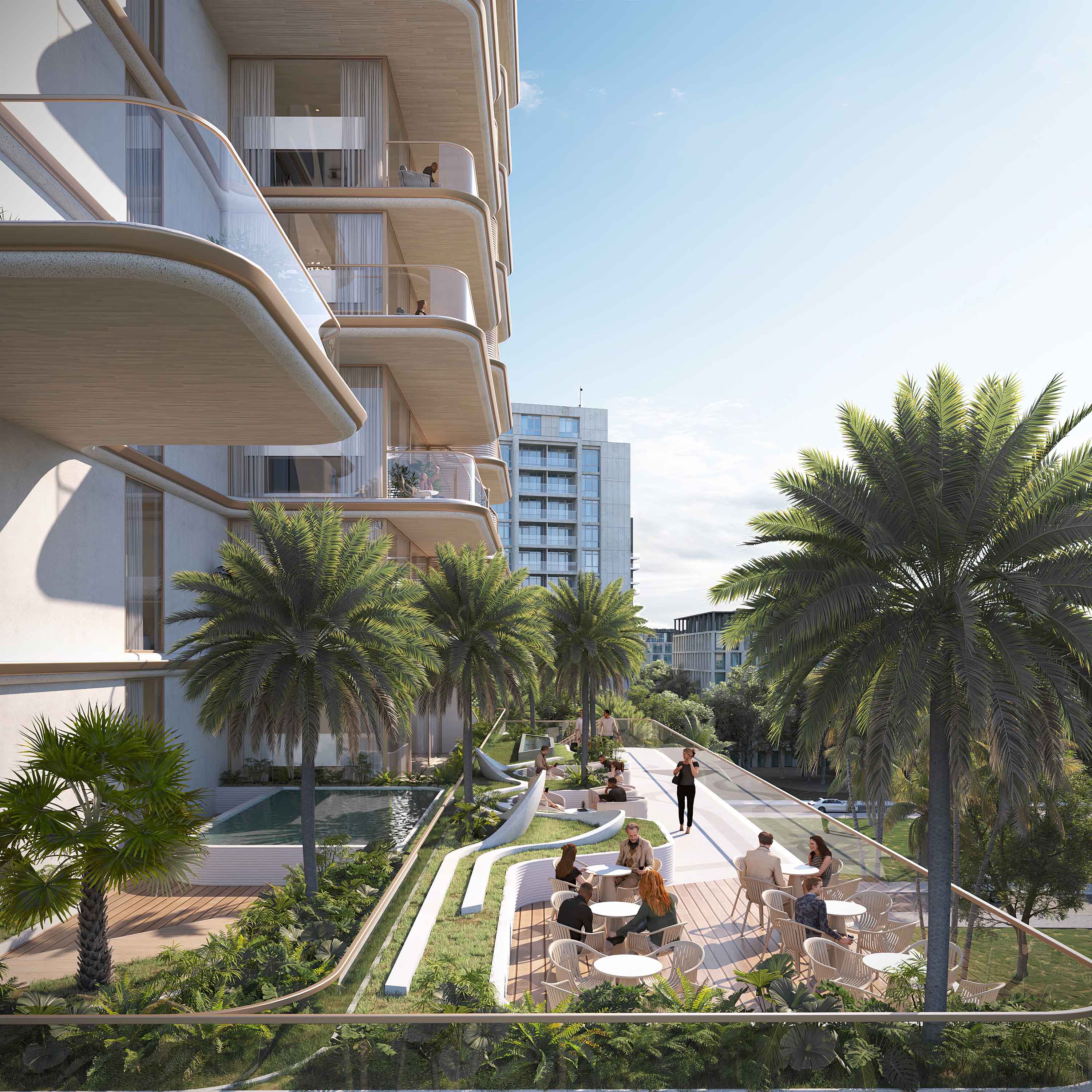 Sunset Bay By Imtiaz A modern residential complex with palm trees, terraces, and people dining outdoors in a sunny urban setting.